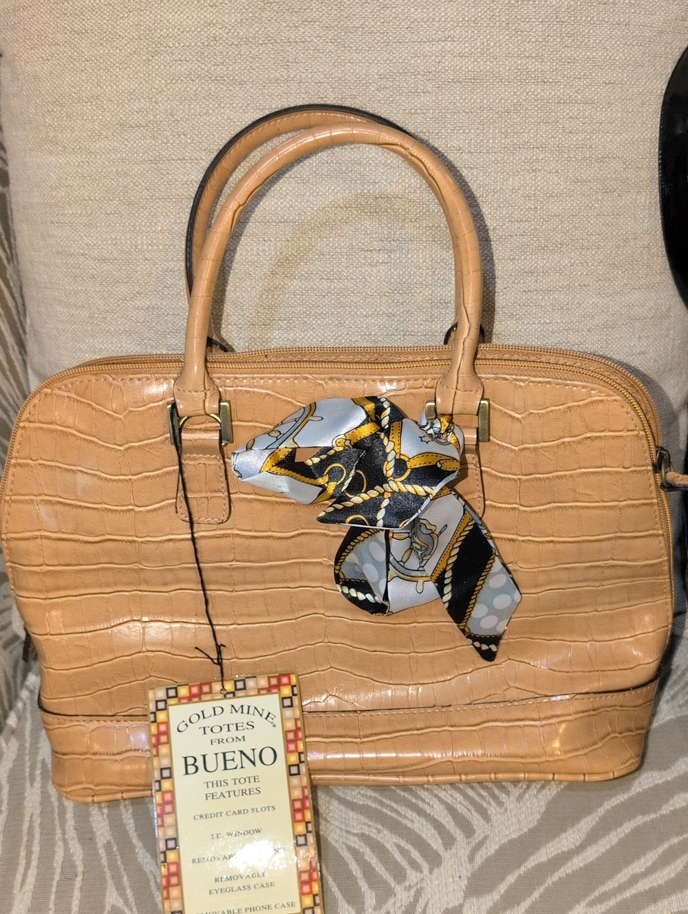 Bueno Croc-Embossed Tan Leather Tote with Scarf Detail And Crossbody Strap